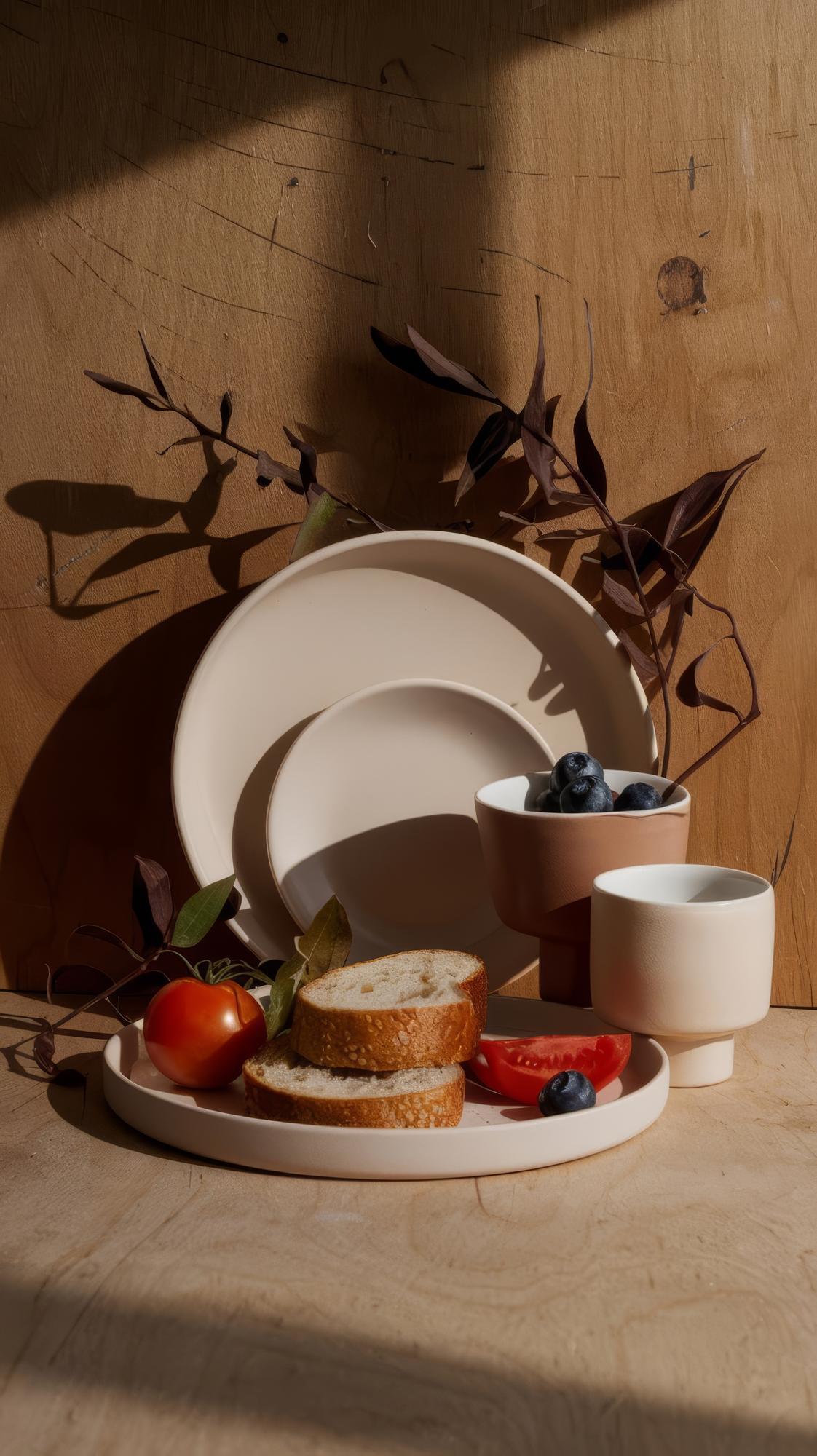 Studio counter with plated food and utensils