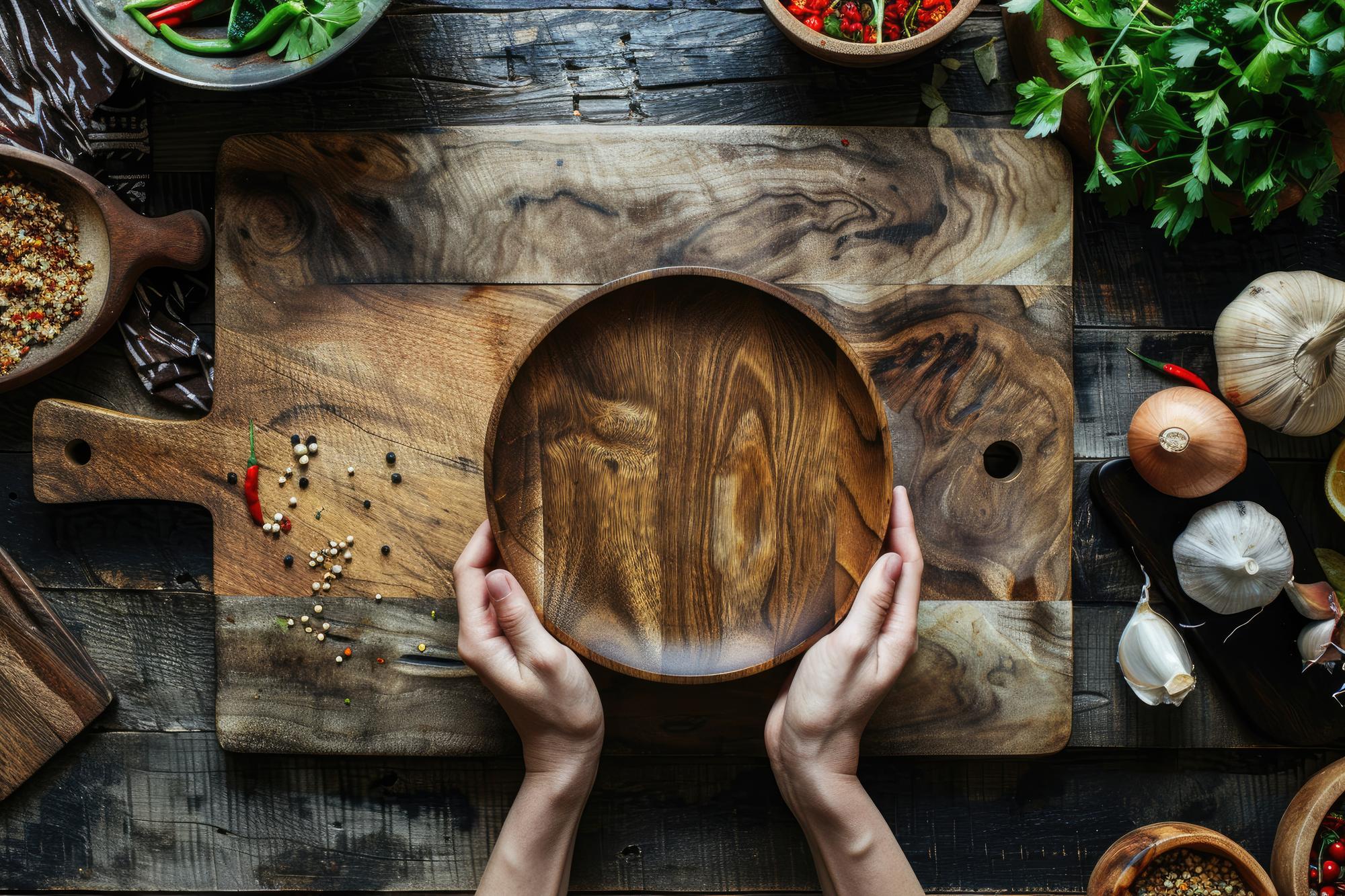 Chef preparing rustic dish on wooden table